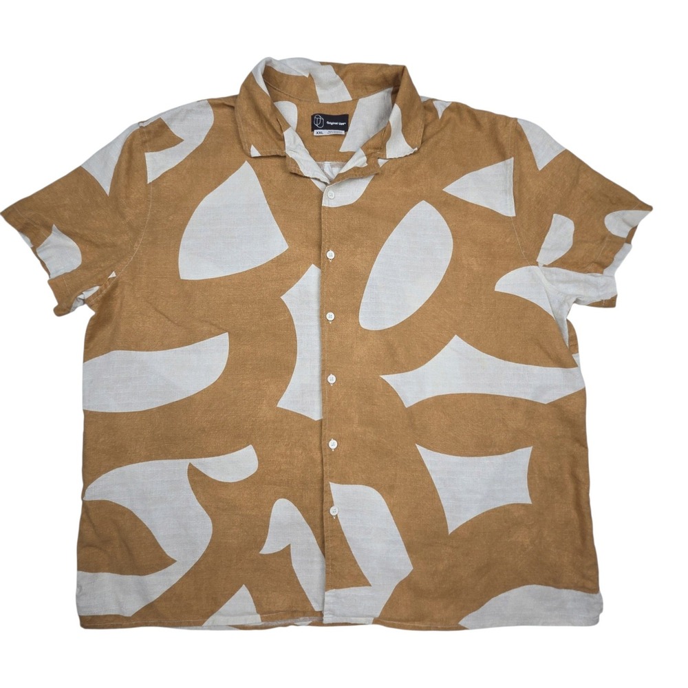 Original Use Short Sleeve Linen Blend Shirt XXL Tan White Abstract Camp Collar